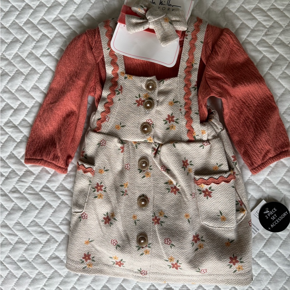 Nicole Miller Floral Kids Dress with Bow - Cream - NEW - 0/3 months